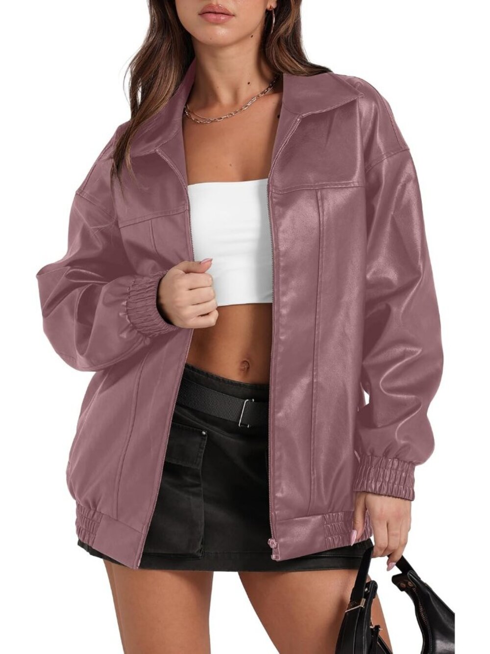 Women Pink Faux Leather Baggy Oversized Zip Up Classic Motorcycle Bomber Jacket